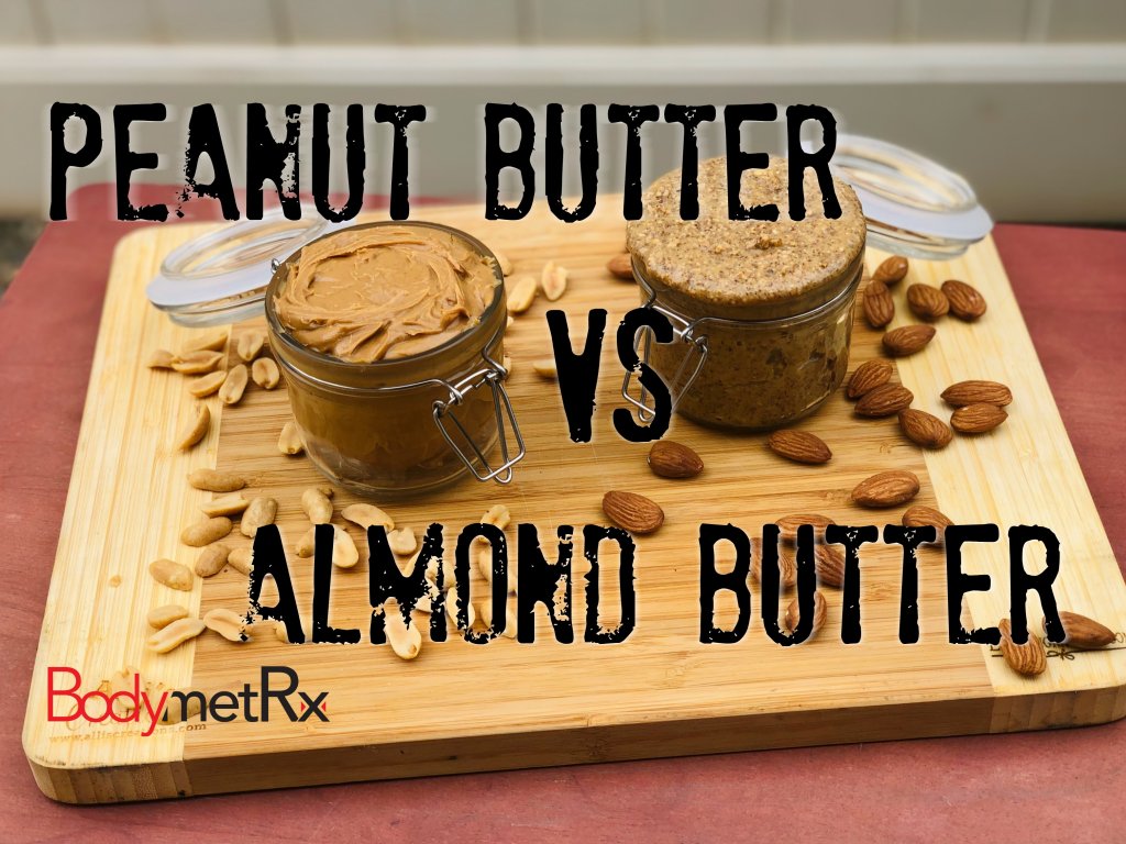 Two glass jars, one filled with peanut butter, the other filled with almond butter.